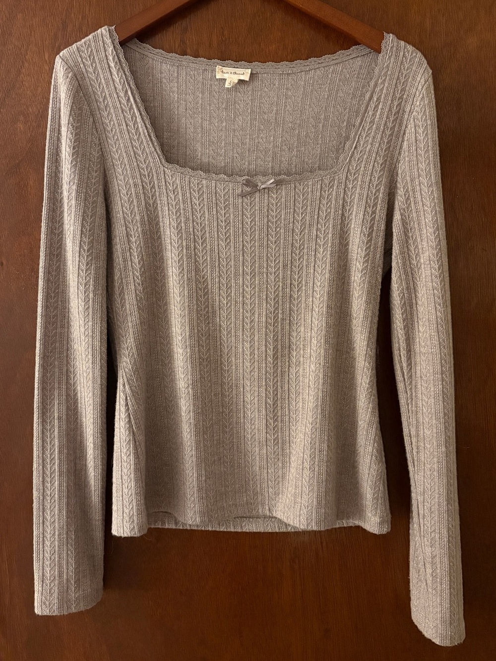 Hem & Thread Ribbed Long-Sleeve Square Neck Top - Light Gray
